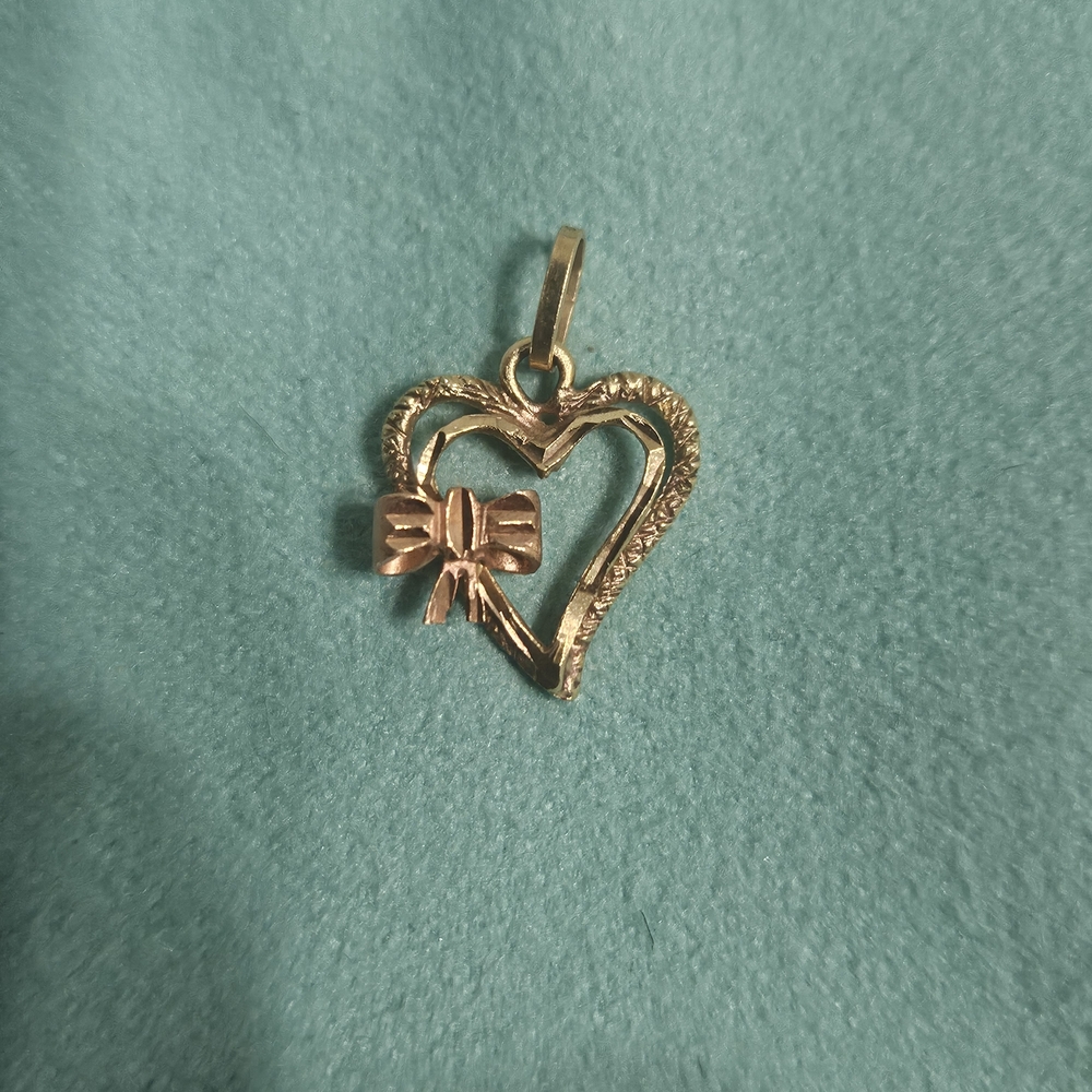 14k Yellow Gold Heart Necklace with Rose Gold Bow Accent